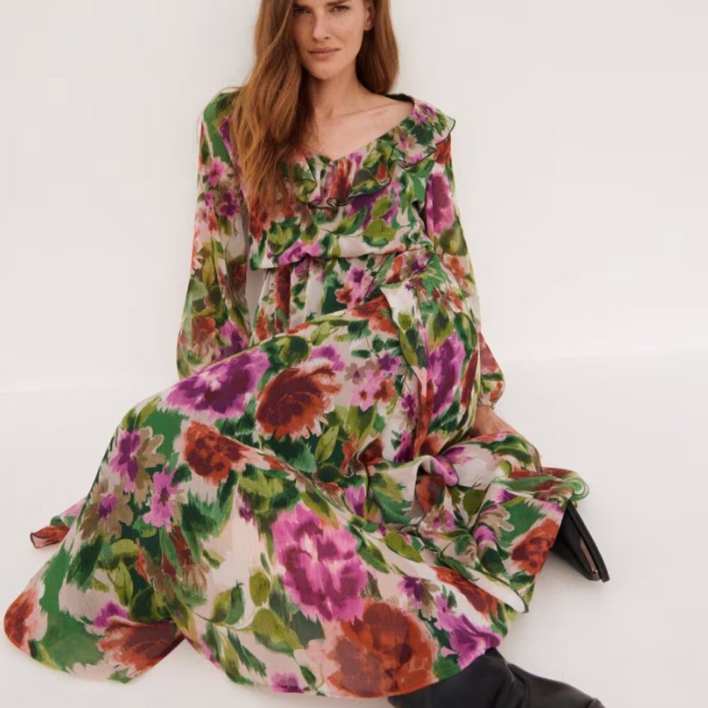 RESERVED Brand Floral Green Maxi Dress, Long Sleeved, size XL